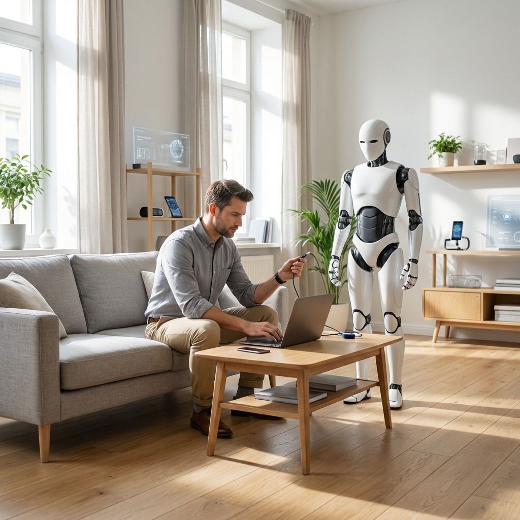 Inżynier konfigurujący robota w salonie